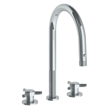 Watermark - Sutton Deck Mounted 3 Hole Gooseneck Kitchen Faucet with Pull Down Spray