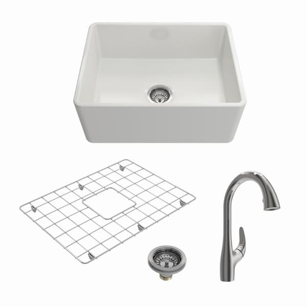Bocchi - Kit: 1137 Classico Farmhouse Apron Front Fireclay 24 in. Single Bowl Kitchen Sink with Protective Bottom Grid and Strainer w/ Pagano 2.0 Faucet