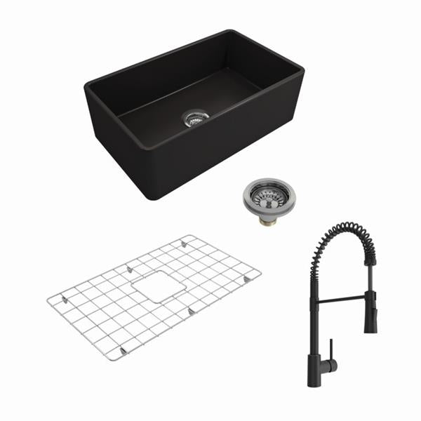 Bocchi - Kit: 1138 Classico Farmhouse Apron Front Fireclay 30 in. Single Bowl Kitchen Sink with Protective Bottom Grid and Strainer w/ Livenza 2.0 Faucet