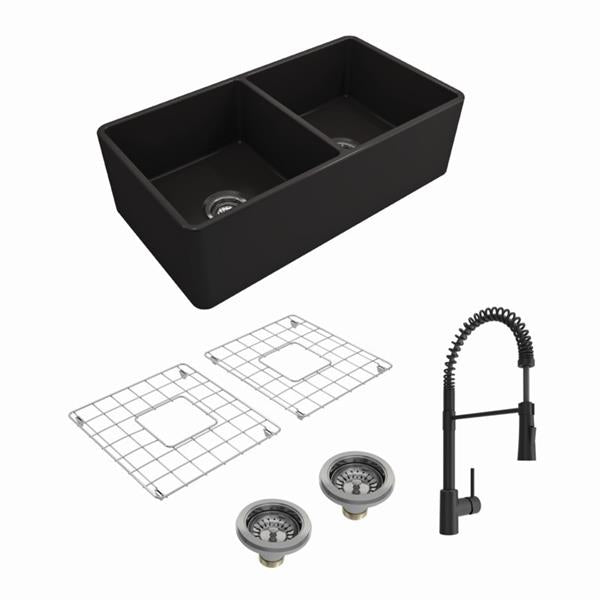 Bocchi - Kit: 1139 Classico Farmhouse Apron Front Fireclay 33 in. Double Bowl Kitchen Sink with Protective Bottom Grids and Strainers w/ Livenza 2.0 Faucet