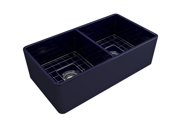 Bocchi - Classico Farmhouse Apron Front Fireclay 33 in. Double Bowl Kitchen Sink with Protective Bottom Grids and Strainers