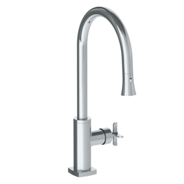 Watermark - H-Line Deck Mounted 1 Hole Gooseneck Kitchen Faucet with Pull Down Spray - High Spout