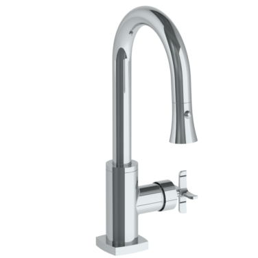 Watermark - H-Line Deck Mounted 1 Hole Gooseneck Prep Faucet with Pull Down Spray