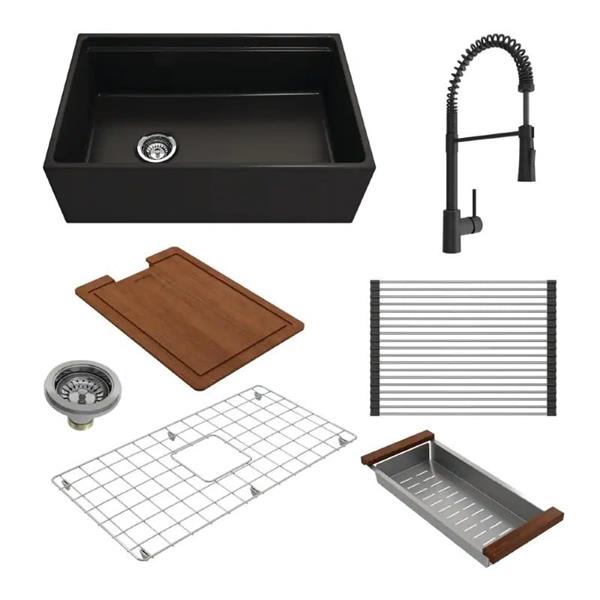 Bocchi - Kit: 1344 Contempo Step-Rim Apron Front Fireclay 30 in. Single Bowl Kitchen Sink with Integrated Work Station & Accessories w/ Livenza 2.0 Faucet