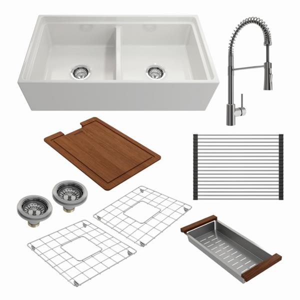 Bocchi - Kit: 1348 Contempo Step-Rim Apron Front Fireclay 36 in. Double Bowl Kitchen Sink with Integrated Work Station & Accessories w/ Livenza 2.0 Faucet