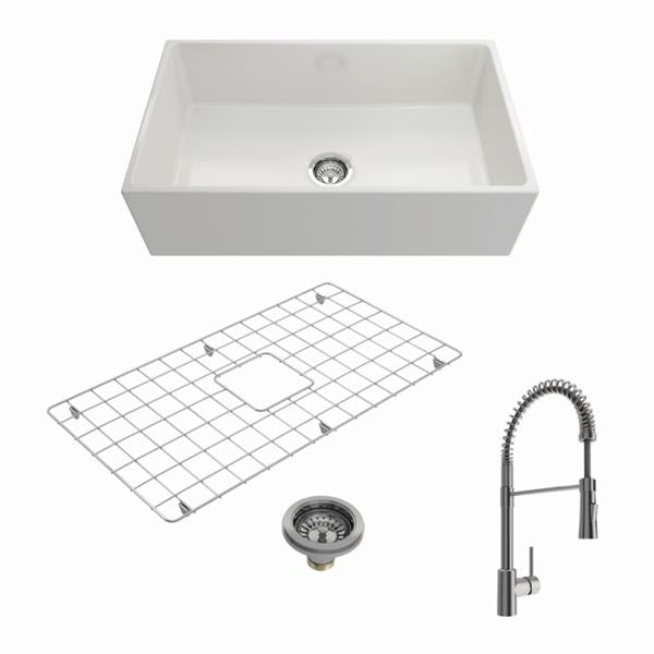 Bocchi - Kit: 1352 Contempo Apron Front Fireclay 33 in. Single Bowl Kitchen Sink with Protective Bottom Grid and Strainer w/ Livenza 2.0 Faucet