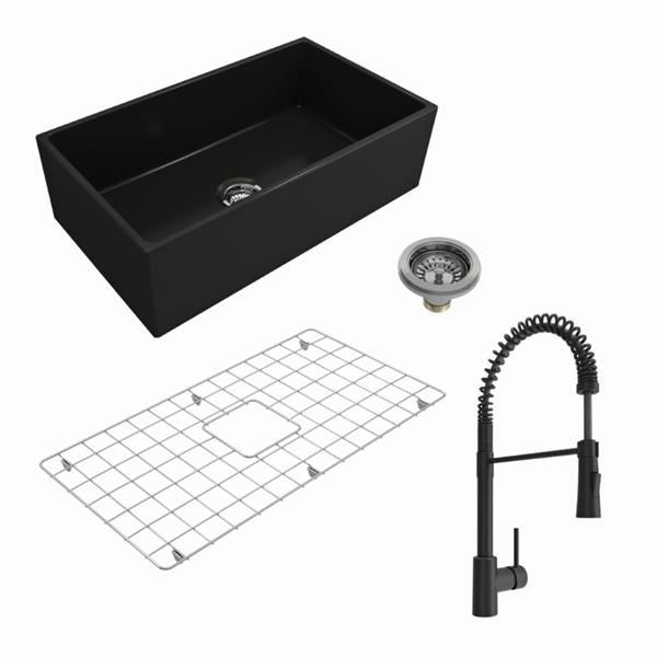 Bocchi - Kit: 1352 Contempo Apron Front Fireclay 33 in. Single Bowl Kitchen Sink with Protective Bottom Grid and Strainer w/ Livenza 2.0 Faucet