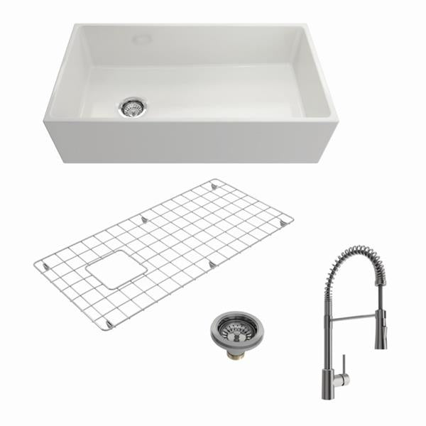 Bocchi - Kit: 1354 Contempo Apron Front Fireclay 36 in. Single Bowl Kitchen Sink with Protective Bottom Grid and Strainer w/ Livenza 2.0 Faucet