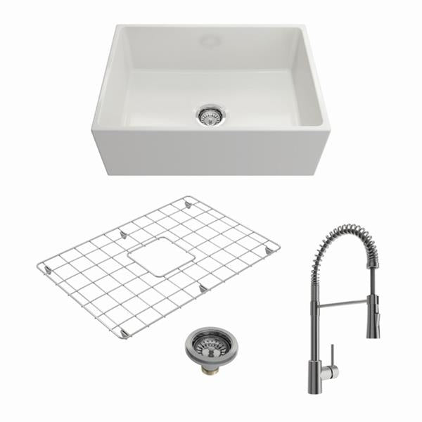 Bocchi - Kit: 1356 Contempo Apron Front Fireclay 27 in. Single Bowl Kitchen Sink with Protective Bottom Grid and Strainer w/ Livenza 2.0 Faucet
