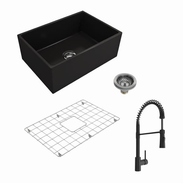 Bocchi - Kit: 1356 Contempo Apron Front Fireclay 27 in. Single Bowl Kitchen Sink with Protective Bottom Grid and Strainer w/ Livenza 2.0 Faucet