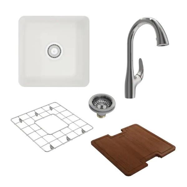 Bocchi - Kit: 1359 Sotto Dual-mount Fireclay 18 in. Single Bowl Bar Sink with protective Bottom Grid and Strainer and custom-fit Cutting Board top w/ Pagano 2.0 Faucet