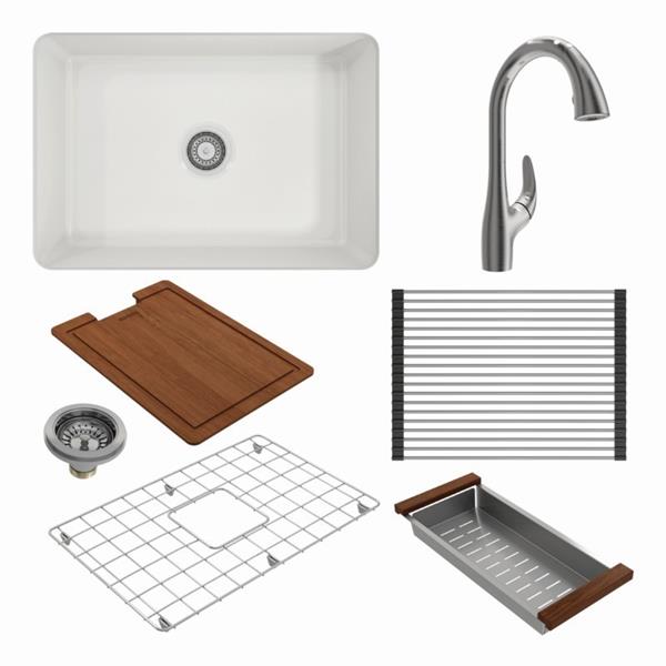 Bocchi - Kit: 1360 Sotto Dual-mount Fireclay 27 in. Single Bowl Kitchen Sink with Protective Bottom Grid and Strainer & Workstation Accessories w/ Pagano 2.0 Faucet