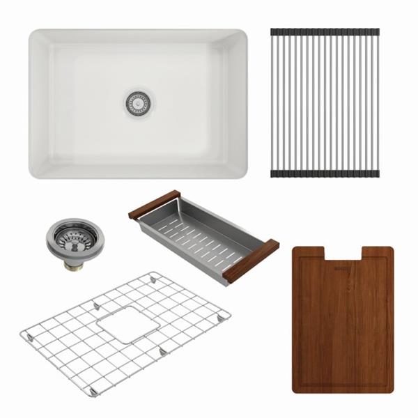 Bocchi - Kit: 1360 Sotto Dual-mount Fireclay 27 in. Single Bowl Kitchen Sink with Protective Bottom Grid and Strainer & Workstation Accessories