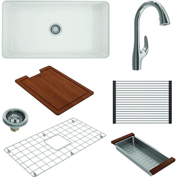 Bocchi - Kit: 1362 Sotto Dual-mount Fireclay 32 in. Single Bowl Kitchen Sink with Protective Bottom Grid and Strainer & Workstation Accessories w/ Pagano 2.0 Faucet