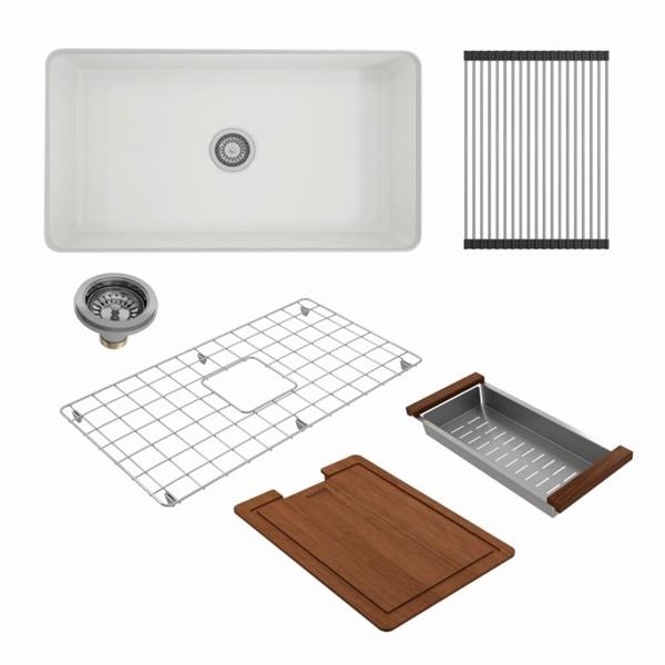 Bocchi - Kit: 1362 Sotto Dual-mount Fireclay 32 in. Single Bowl Kitchen Sink with Protective Bottom Grid and Strainer & Workstation Accessories