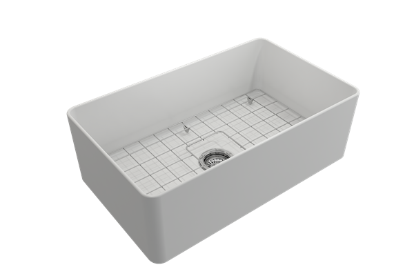 Bocchi - Aderci Ultra-Slim Farmhouse Apron Front Fireclay 30 in. Single Bowl Kitchen Sink with Protective Bottom Grid and Strainer