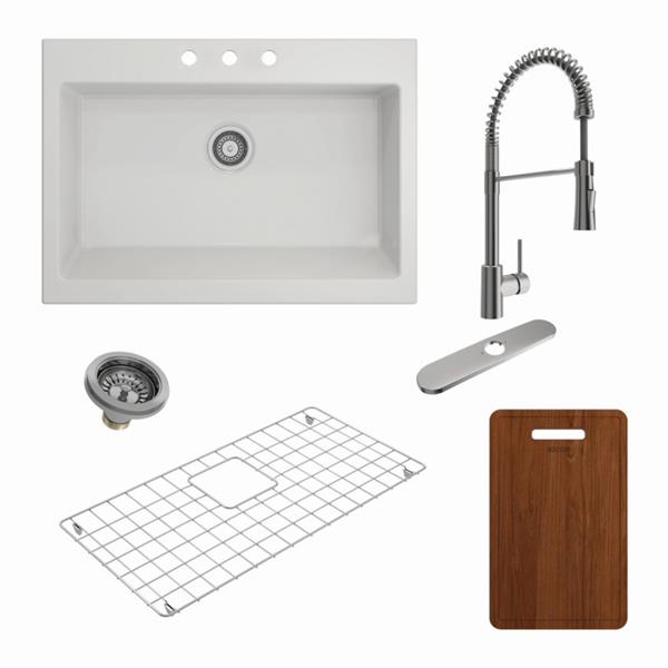 Bocchi - Kit: 1500 Nuova Apron Front Drop-In Fireclay 34 in. Single Bowl Kitchen Sink with Protective Bottom Grid and Strainer & Cutting Board w/ Livenza 2.0 Faucet