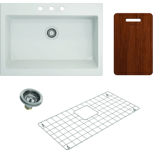 Bocchi - Kit: 1500 Nuova Apron Front Drop-In Fireclay 34 in. Single Bowl Kitchen Sink with Protective Bottom Grid and Strainer & Cutting Board