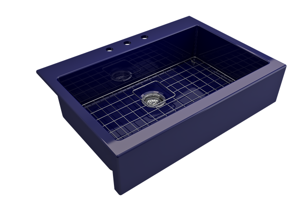 Bocchi - Nuova Apron Front Drop-In Fireclay 34 in. Single Bowl Kitchen Sink with Protective Bottom Grid and Strainer