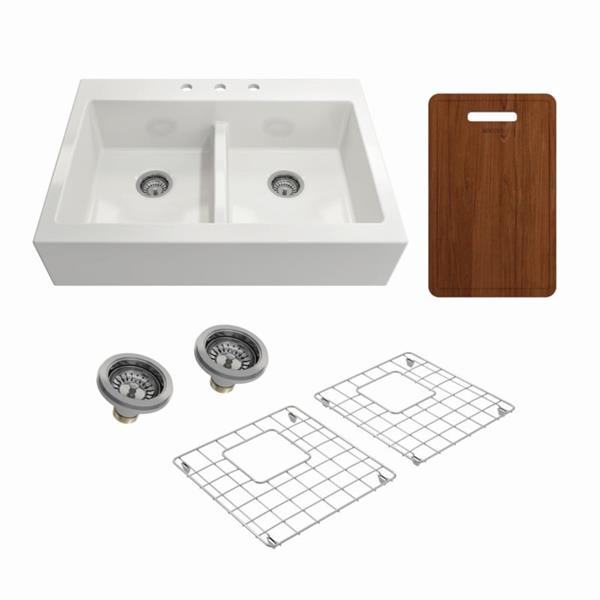 Bocchi - Kit: 1501 Nuova Apron Front Drop-In Fireclay 34 in. 50/50 Double Bowl Kitchen Sink with Protective Bottom Grids and Strainers & Cutting Board