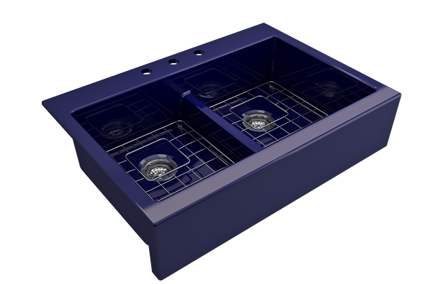 Bocchi - Nuova Apron Front Drop-In Fireclay 34 in. 50/50 Double Bowl Kitchen Sink with Protective Bottom Grids and Strainers