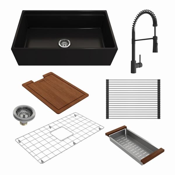 Bocchi - Kit: 1504 Contempo Step-Rim Apron Front Fireclay 33 in. Single Bowl Kitchen Sink with Integrated Work Station & Accessories w/ Livenza 2.0 Faucet