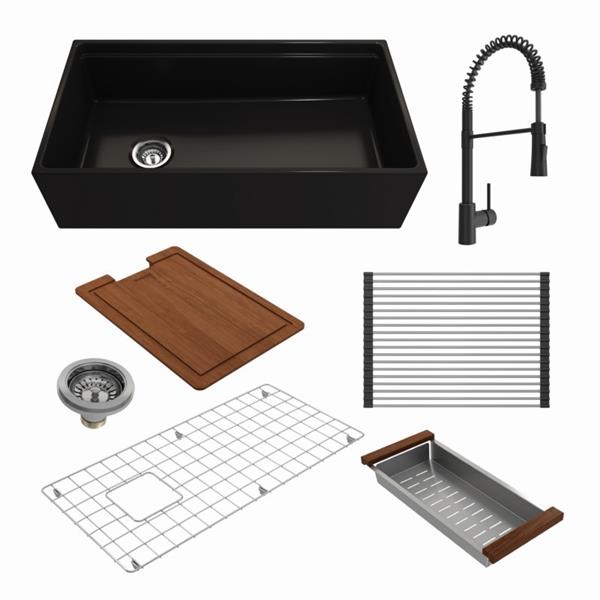 Bocchi - Kit: 1505 Contempo Step-Rim Apron Front Fireclay 36 in. Single Bowl Kitchen Sink with Integrated Work Station & Accessories w/ Livenza 2.0 Faucet