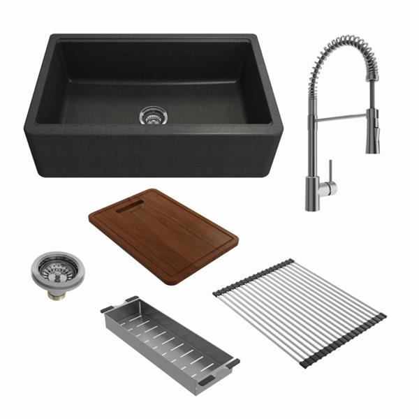Bocchi - Kit: 1600 Arona Apron Front 33 in. Single Bowl Granite Composite Kitchen Sink with Integrated Workstation and Accessories w/ Livenza 2.0 Faucet
