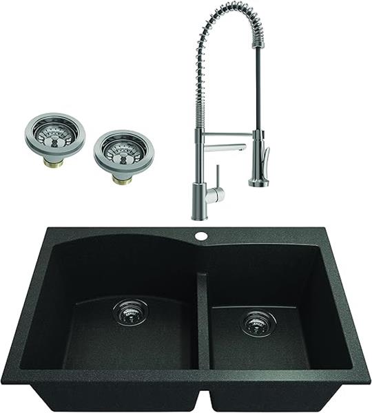 Bocchi - Kit: 1602 Campino Duo Dual Mount Granite Composite 33 in. 60/40 Double Bowl Kitchen Sink & Strainers w/ Maggiore 2.0 Faucet