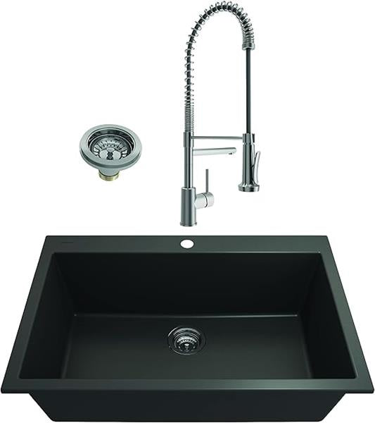 Bocchi - Kit: 1604 Campino Uno Dual Mount Granite Composite 33 in. Single Bowl Kitchen Sink & Strainer w/ Maggiore 2.0 Faucet