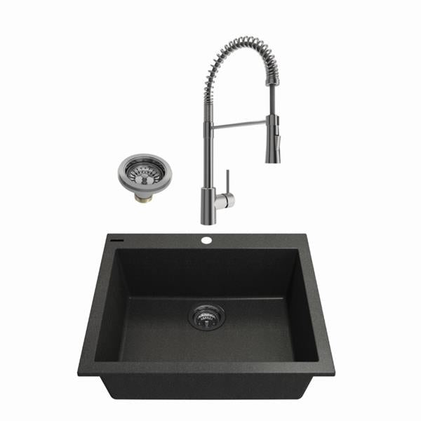 Bocchi - Kit: 1606 Campino Uno Dual Mount Granite Composite 24 in. Single Bowl Kitchen Sink & Strainer w/ Livenza 2.0 Faucet