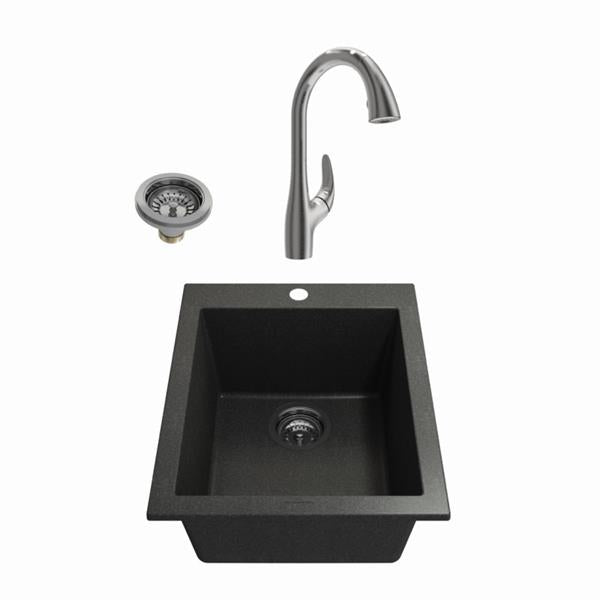 Bocchi - Kit: 1608 Campino Uno Dual Mount Granite Composite 16 in. Single Bowl Bar Sink & Strainer w/ Pagano 2.0 Faucet