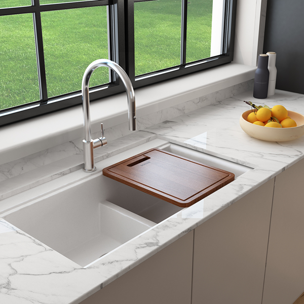 Bocchi - Baveno Lux Undermount 34D in. Double Bowl Granite Composite Kitchen Sink with Integrated Workstation and Accessories with Covers