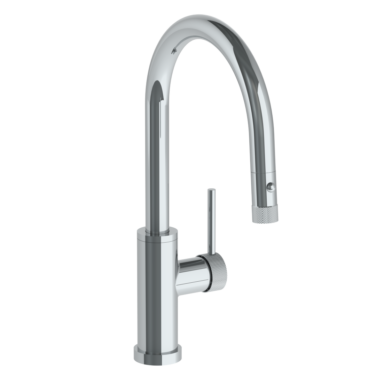 Watermark - Titanium Deck Mounted 1 Hole Gooseneck Kitchen Faucet with Pull Down Spray - Low Spout
