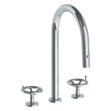 Watermark - Brooklyn Deck Mounted 3 Hole Gooseneck Kitchen Faucet with Pull Down Spray