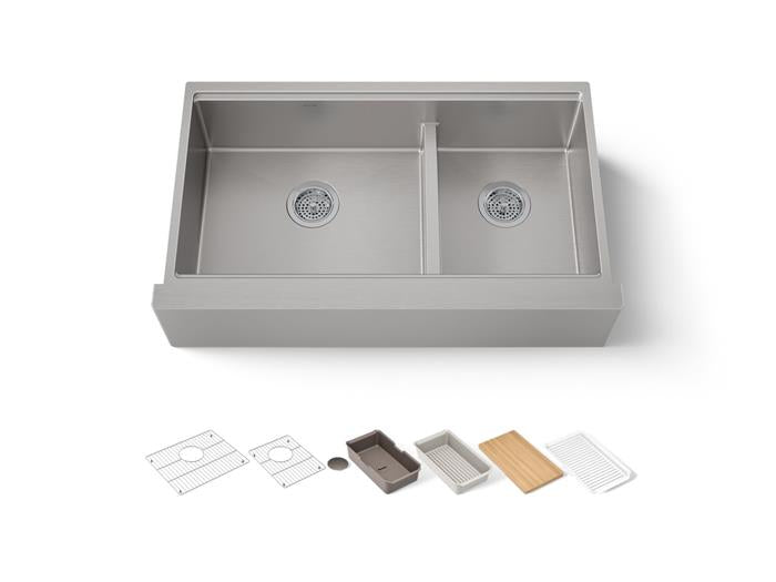 Kohler - Strive 36 Inch Smart Divide Apron Front Undermount Double-Bowl Workstation Kitchen Sink With Accessories