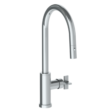 Watermark - Blue Deck Mounted 1 Hole Gooseneck Kitchen Faucet with Pull Down Spray - High Spout