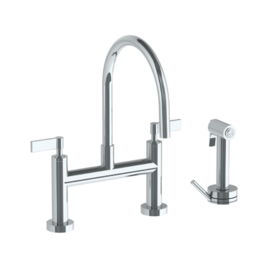 Watermark - Blue Deck Mounted Bridge Gooseneck Kitchen Faucet with Independent Side Spray