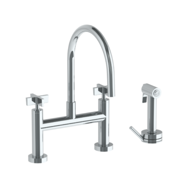 Watermark - Blue Deck Mounted Bridge Gooseneck Kitchen Faucet with Independent Side Spray