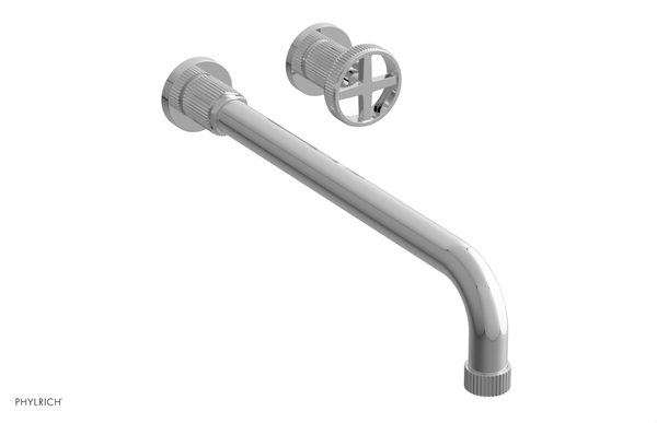 Phylrich - Dustrie Single Handle Wall Lavatory Set 14 Inch Spout - Grooved Cross Handle