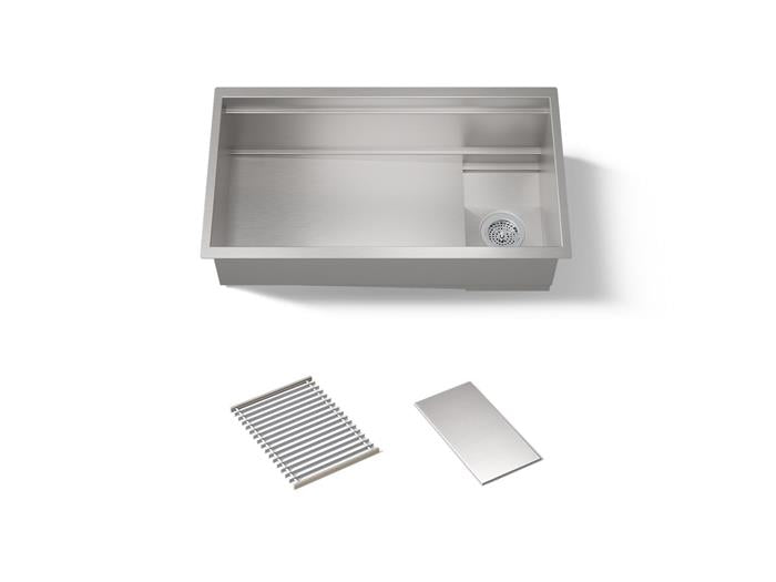 Kohler - Synthos 33-3/4 Inch Undermount Single-Bowl Kitchen Sink With Basin Rack + Drain Cover