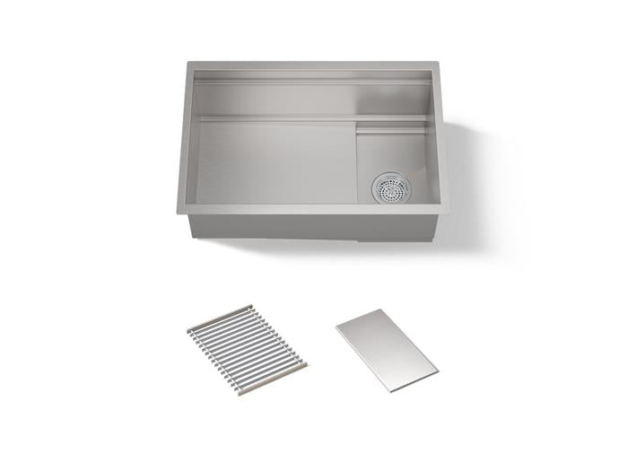 Kohler - Synthos 27-3/4 Inch Undermount Single-Bowl Kitchen Sink With Basin Rack + Drain Cover