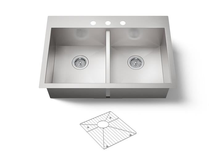 Kohler - Vault 33 Inch Top-/Undermount Double-Bowl Kitchen Sink - 3-Hole