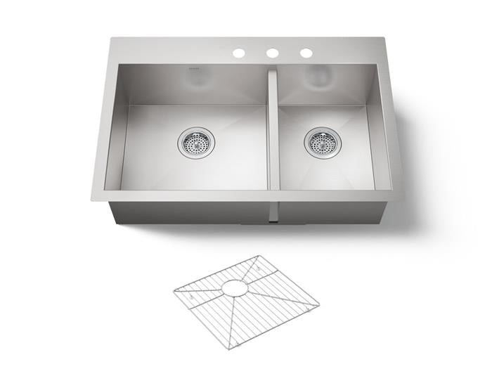 Kohler - Vault Offset 33 Inch Top-/Undermount Double-Bowl Kitchen Sink - 3-Hole