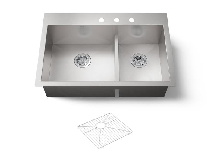 Kohler - Vault Offset Smart Divide 33 Inch Top-/Undermount Double-Bowl Kitchen Sink - 3-Hole