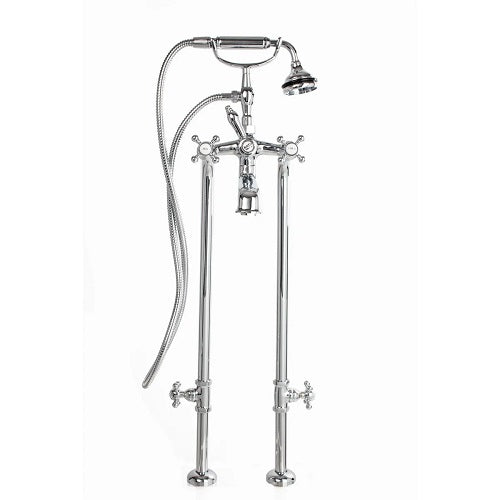 Cheviot - Extra Tall Free Standing Tub Filler with Hand Shower and Stop Valves - All Metal Accents