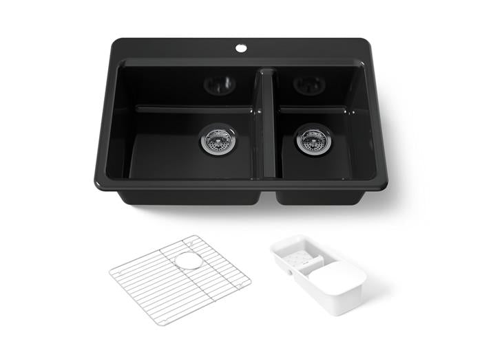 Kohler - Riverby 33 Inch Top-Mount Offset Double-Bowl Workstation Kitchen Sink With Accessories - Single Hole