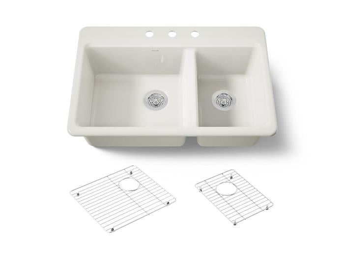 Kohler - Riverby 33 Inch Top-Mount Offset Double-Bowl Workstation Kitchen Sink With Accessories - 3-Hole