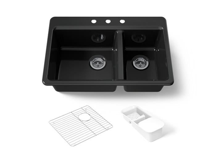 Kohler - Riverby 33 Inch Top-Mount Offset Double-Bowl Workstation Kitchen Sink With Accessories - 3-Hole
