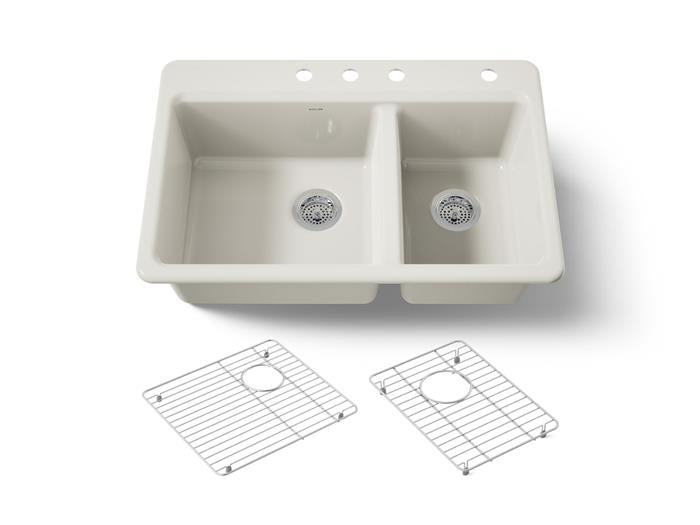 Kohler - Riverby 33 Inch Top-Mount Offset Double-Bowl Workstation Kitchen Sink With Accessories - 4-Hole